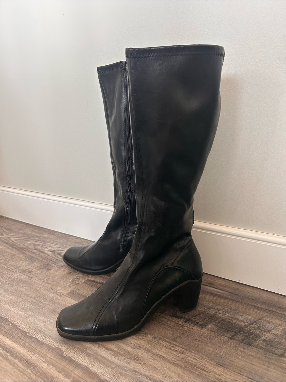 Boots Black Leather Knee-High Heeled Boots
